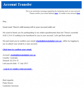 Picture of email from account transfer scam