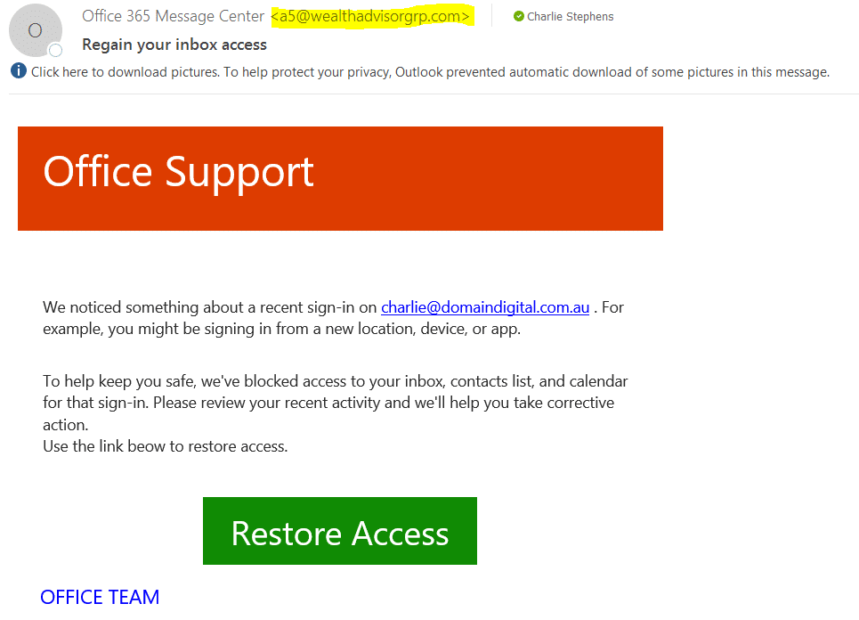 Office 365 scam email